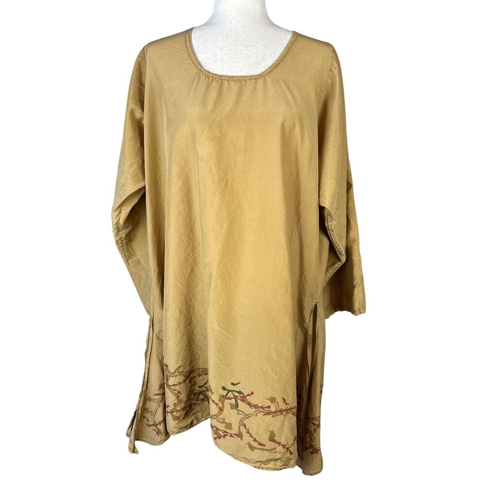 BLUE FISH Womens Tunic Size 2 Plus 2X/3X Gold Cotton Silk Hand Painted Vine